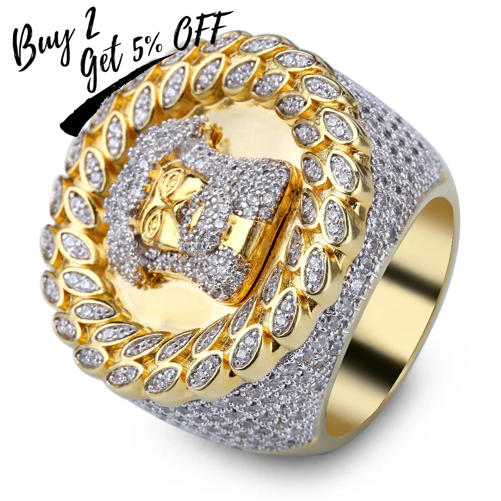 TOPGRILLZ New Arrival Hip Hop Men Jesus Ring Copper Gold Color Micro Paved AAA CZ Stone Pharaoh Round Rings With 8 9 10 11 12