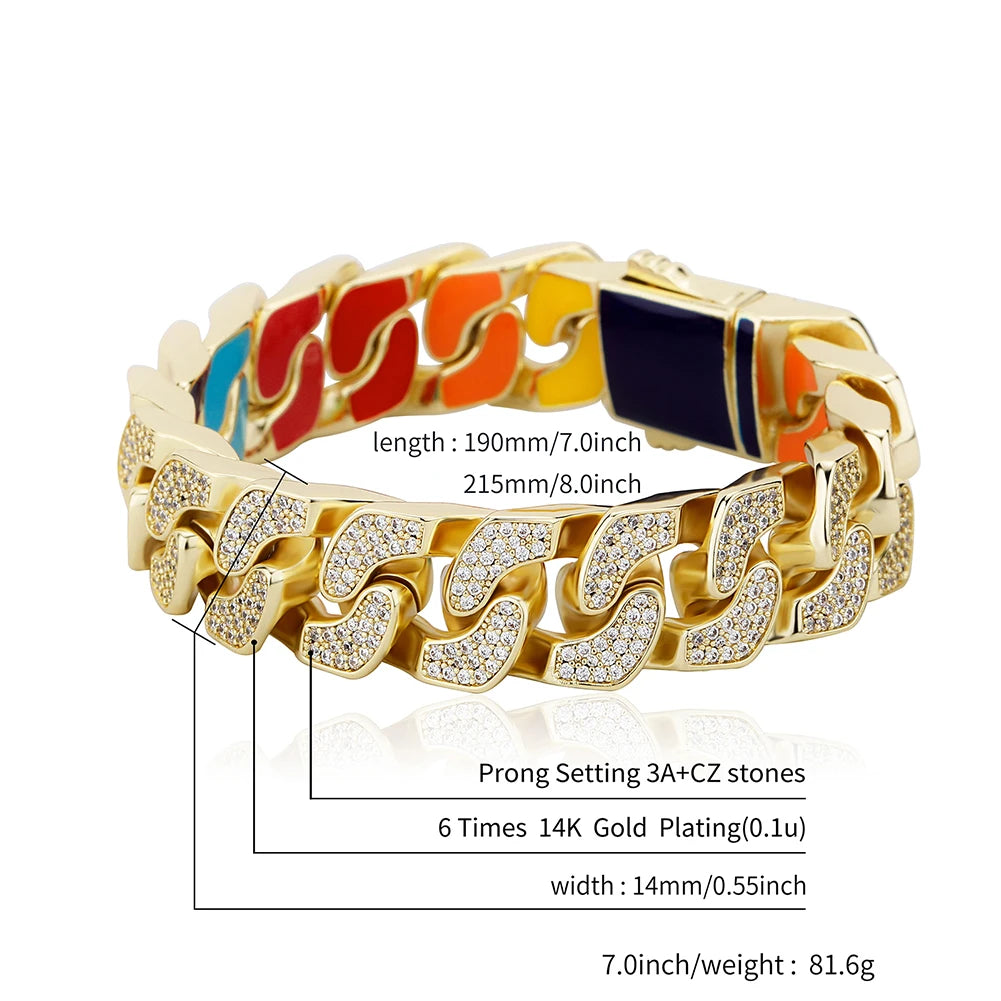 TOPGRILLZ New 14MM Double-sided Cuban Chain Bracelet Iced Out Cubic Zirconia with Color Dripping Oil Bracelet Hip Hop Jewelry