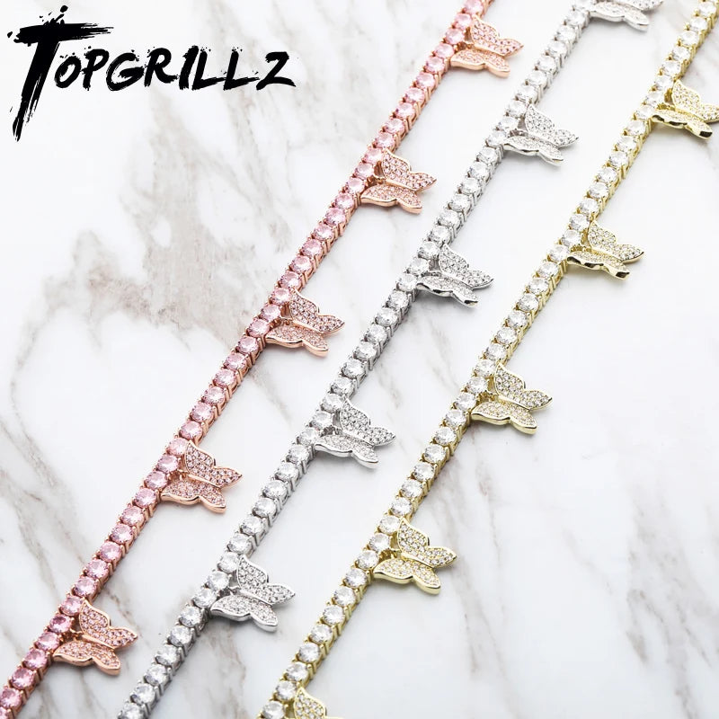 TOPGRILLZ Butterfly Chain  3/4MM Tennis Chain Choker Necklace Iced Out Cubic zircon Bling Hip Hop Charm  Jewelry For Men Women