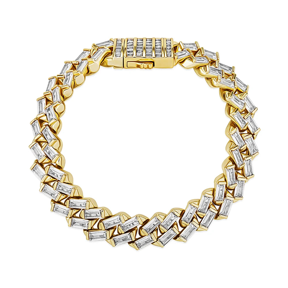 TOPGRILLZ 12MM Baguette Channel Set Cuban Bracelet in White Gold Hip Hop Charm Jewelry Gift For Mens
