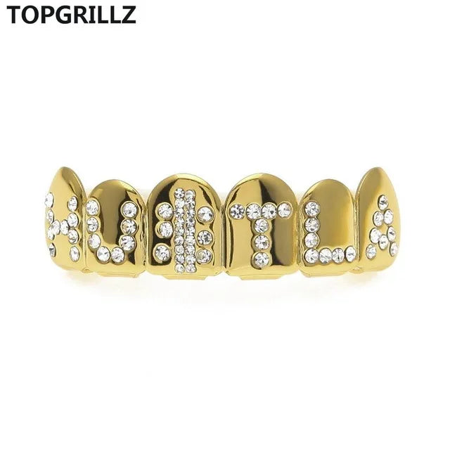 TOPGRILLZ Gold Color Plated Iced Out Letter CZ Stone Hip Hop Teeth For Mouth GRILLZ Caps Top & Bottom Grills Set Classic tooth