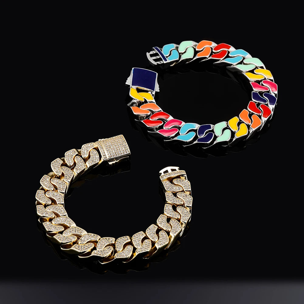 TOPGRILLZ New 14MM Double-sided Cuban Chain Bracelet Iced Out Cubic Zirconia with Color Dripping Oil Bracelet Hip Hop Jewelry