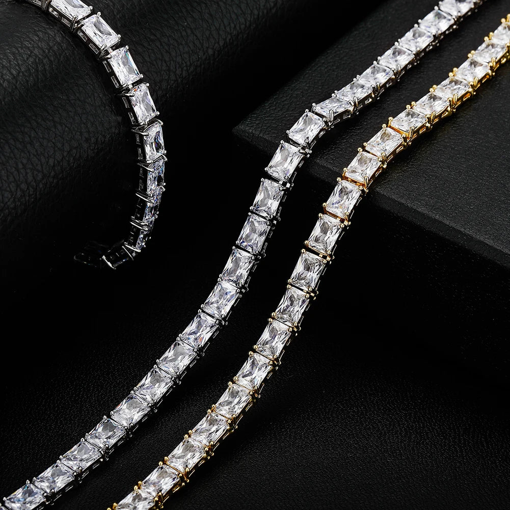 TOPGRILLZ 6mm Baguette Tennis Chain Necklace & Bracelet with Spring Clasp Iced Out Micro Pave Cubic Zirconia Women's Jewelry