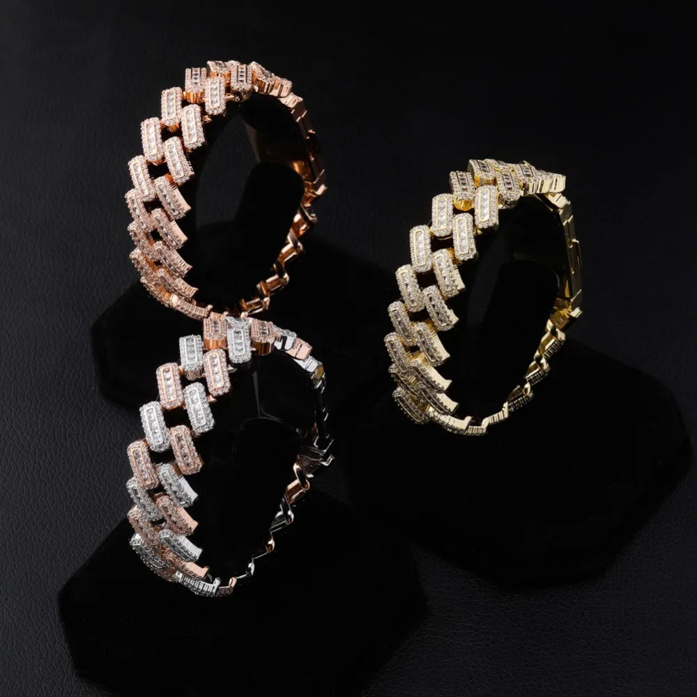 TOPGRILLZ 20mm Box buckle Clasp Baguette Zircon Prong Setting Cuban Bracelet Iced Out Cubic Zirconia Chain Hip Hop Rock Jewelry