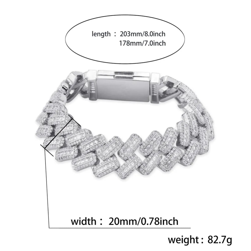 TOPGRILLZ 20mm Box buckle Clasp Baguette Zircon Prong Setting Cuban Bracelet Iced Out Cubic Zirconia Chain Hip Hop Rock Jewelry