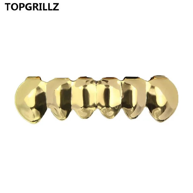 TOPGRILLZ Gold Color Plated Iced Out Letter CZ Stone Hip Hop Teeth For Mouth GRILLZ Caps Top & Bottom Grills Set Classic tooth