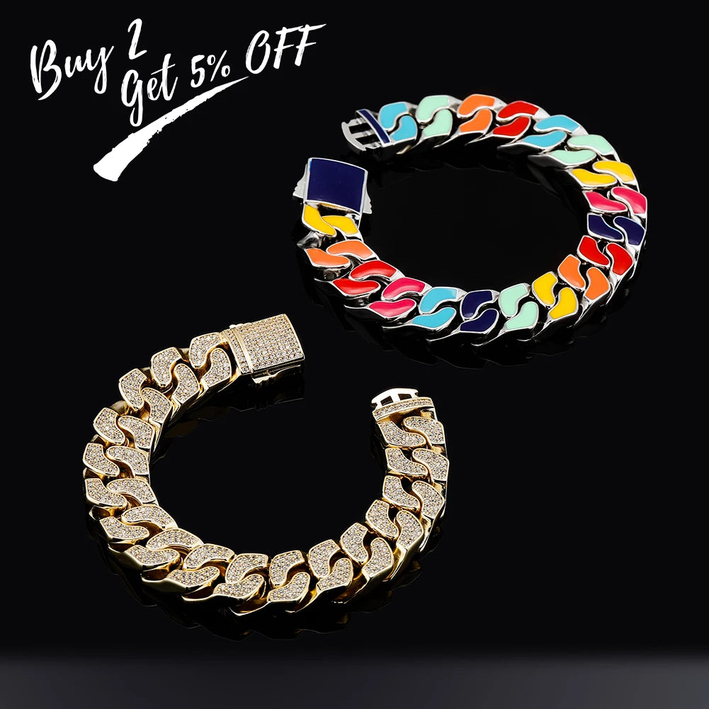 TOPGRILLZ New 14MM Double-sided Cuban Chain Bracelet Iced Out Cubic Zirconia with Color Dripping Oil Bracelet Hip Hop Jewelry