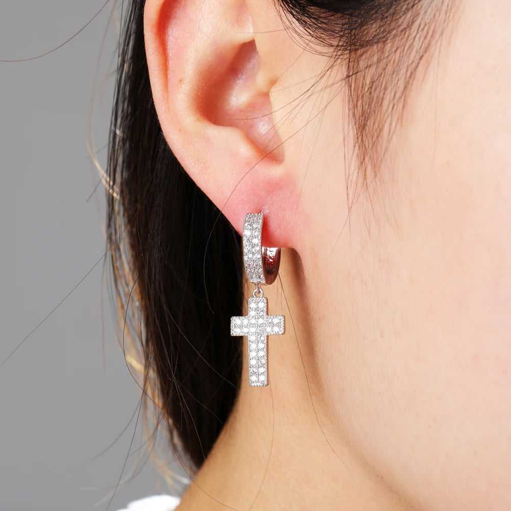 TOPGRILLZ Cubic Zirconia Bling Iced Cross Earring Gold Silver Color Copper Material Earrings for Men Women Hip Hop Rock Jewelry