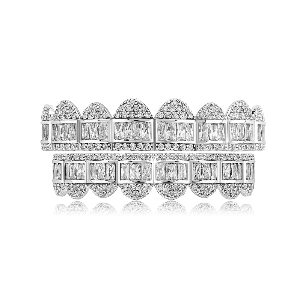 TOPGRILLZ New Baguette Set Teeth Grillz Top & Bottom 14K White Gold Hip Hop Fashion Rapper Jewelry Gift For Men Women