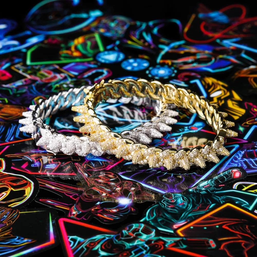 TOPGRILLZ New Spikes Rivet Bracelets Luxury Iced Out Bling Cubic Zircon Bangles Round Cuban Link Hip Hop Jewelry For Men