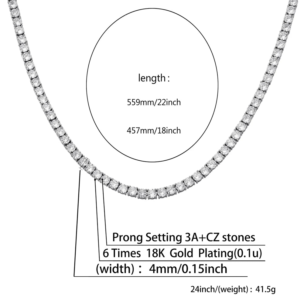 TOPGRILLZ 3MM-6MM Spring buckle Iced Out Full Cubic Zircon 1 Row Tennis Chain Necklace Gold Silver Color Hip Hop Jewelry