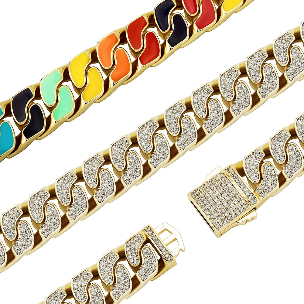 TOPGRILLZ New 14MM Double-sided Cuban Chain Bracelet Iced Out Cubic Zirconia with Color Dripping Oil Bracelet Hip Hop Jewelry