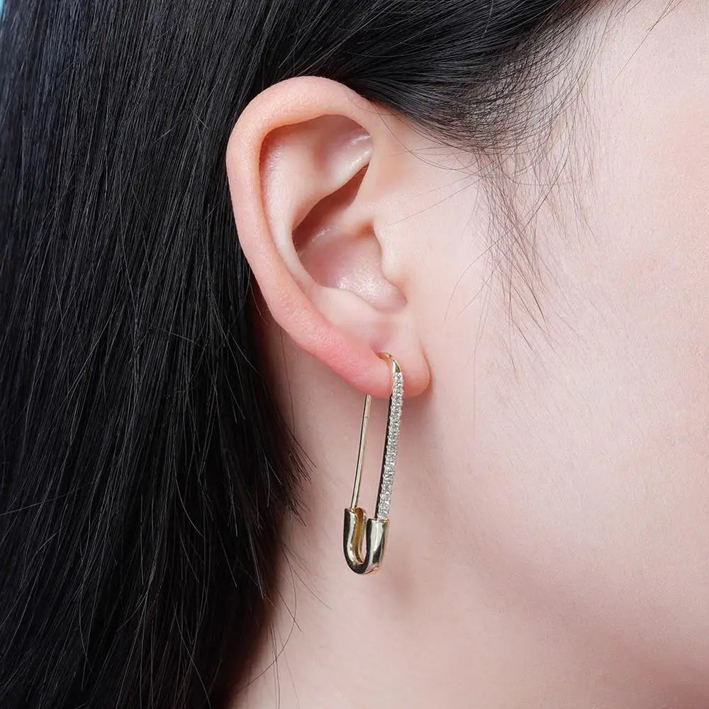 TOPGRILLZ Safety Pin Chain Earring Iced out Cubic Zirconia Pin Earring Hip Hop Fashion Charm Party Jewelry For Gift Men Women