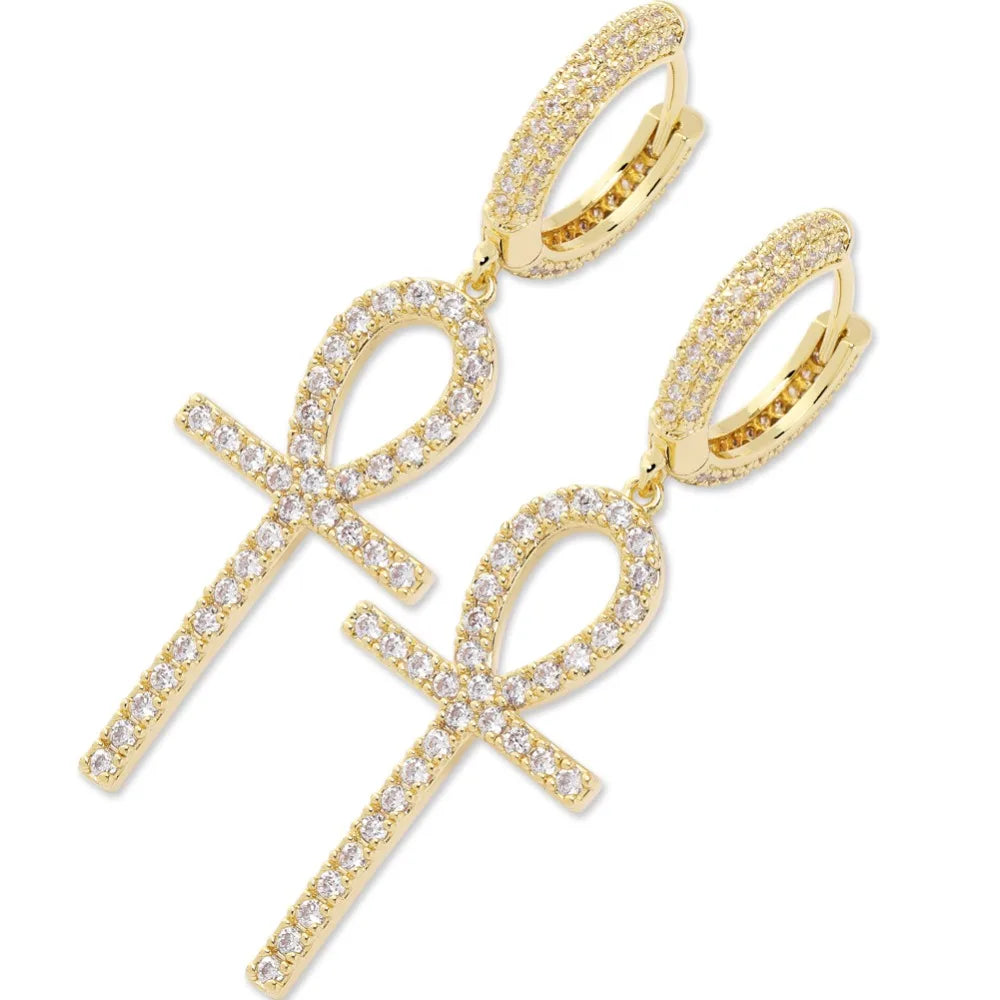 TOPGRILLZ Iced Zircon Ankh Cross Earring Gold Silver Color Micro Paved AAA Bling CZ Stone Earrings For Man Women Hip Hop Jewelry