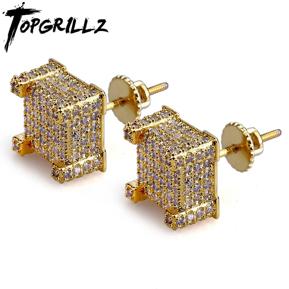 TOPGRILLZ Gold/Silver Color All Iced Out Micro Pave CZ Stone Square Stud Earring Hip Hop Rock Jewelry Earrings For Women Men