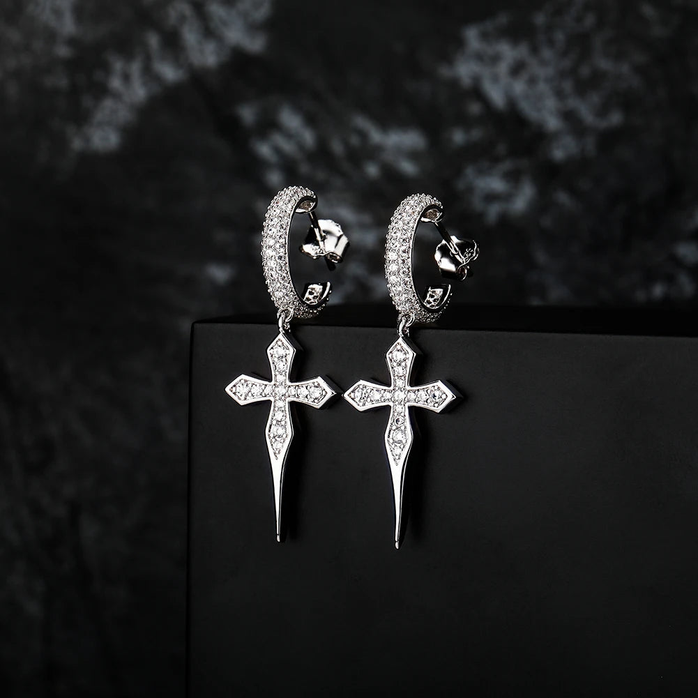 TOPGRILLZ 925 Sterling Silver Cross Earrings High Quality Iced Out Cubic Zirconia Hip Hop Cross Hoop Earrings For Women Gift