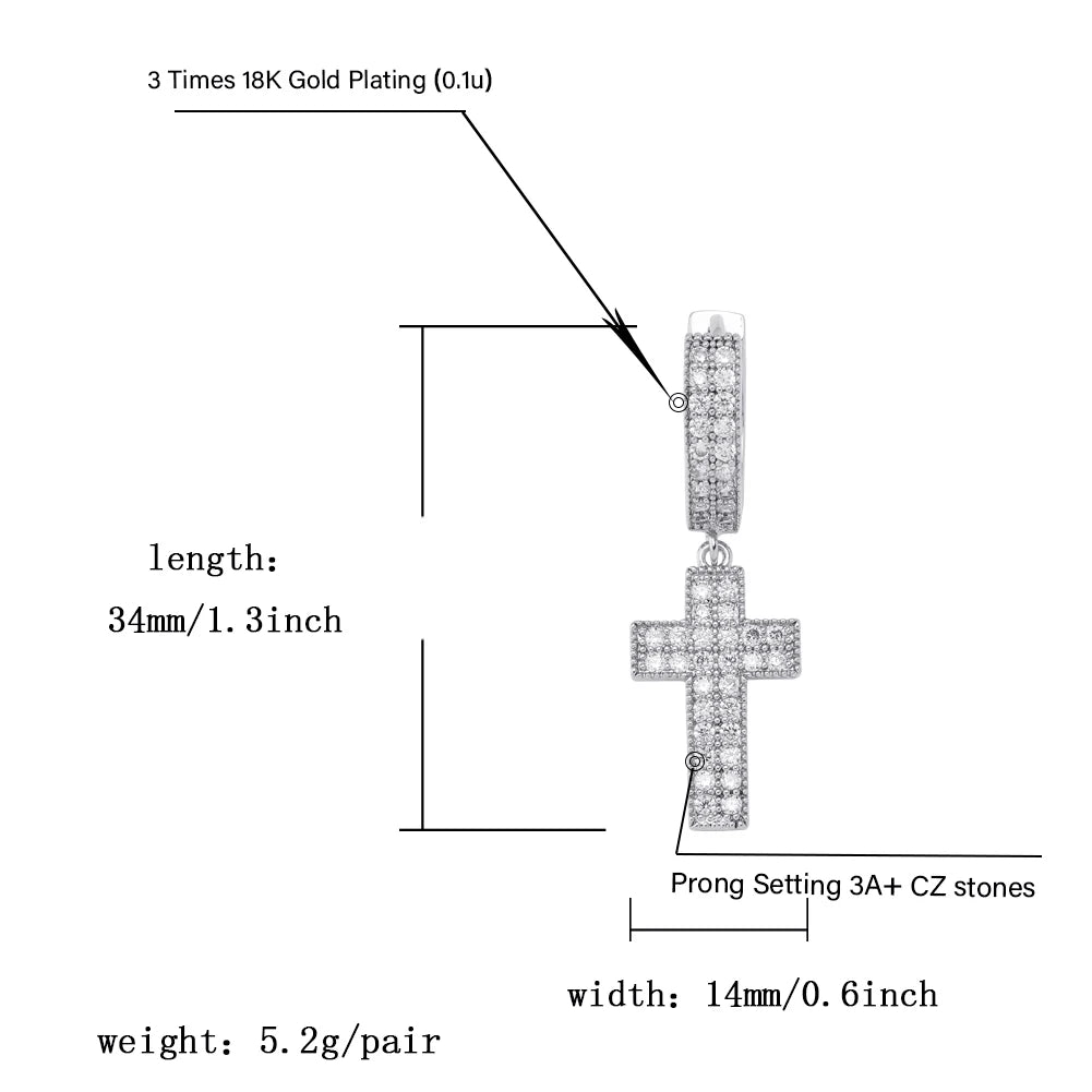 TOPGRILLZ Cubic Zirconia Bling Iced Cross Earring Gold Silver Color Copper Material Earrings for Men Women Hip Hop Rock Jewelry