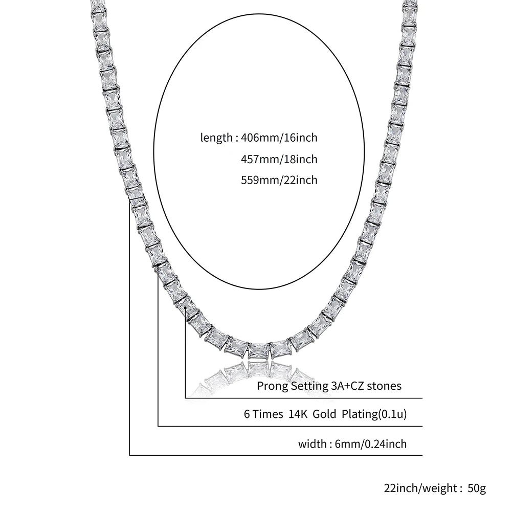 TOPGRILLZ 6mm Baguette Tennis Chain Necklace & Bracelet with Spring Clasp Iced Out Micro Pave Cubic Zirconia Women's Jewelry