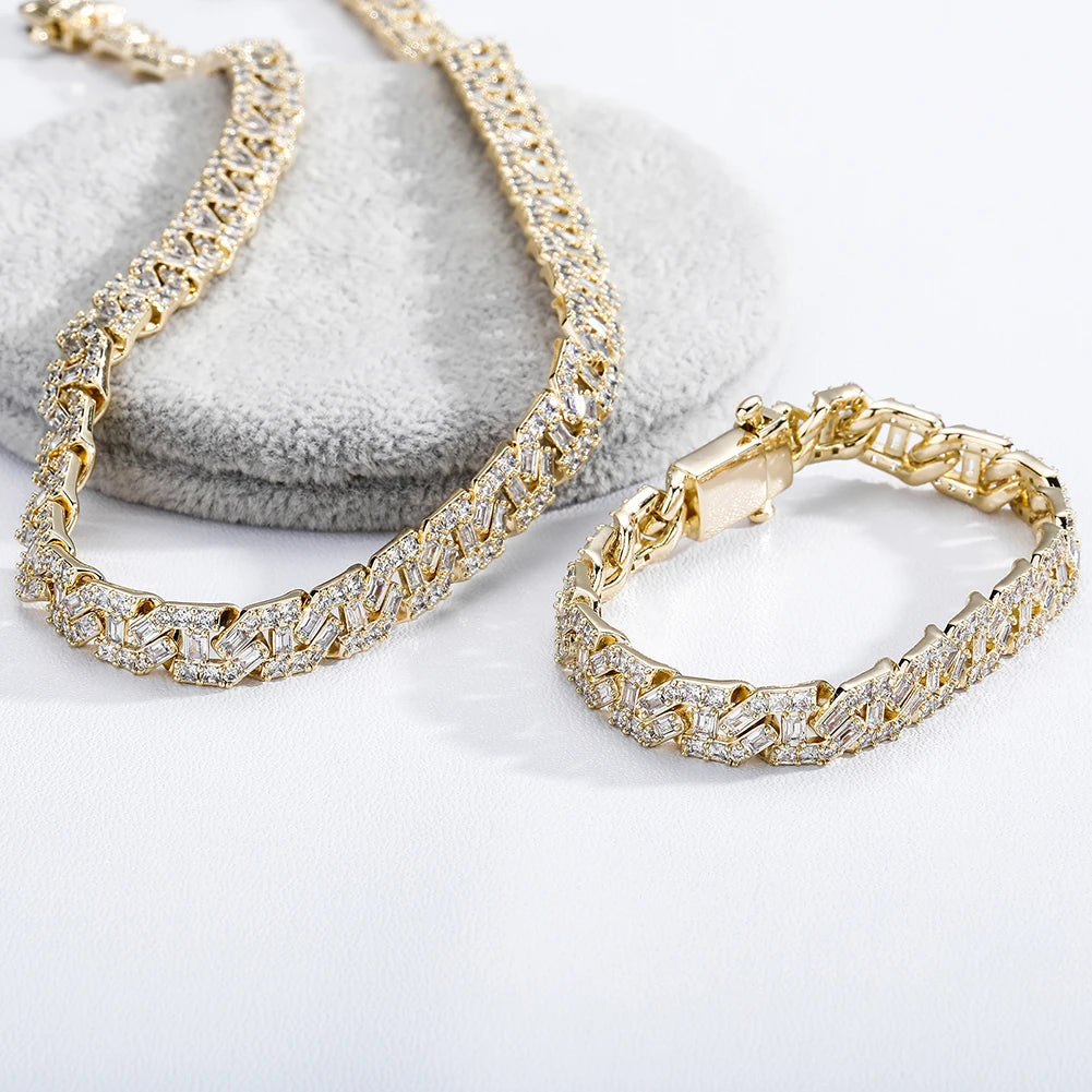 TOPGRILLZ High Quality 9mm Iced Out Baguette Prong Cuban Bracelet With New Spring Ring Clasps Hip Hop Jewelry For Men Women