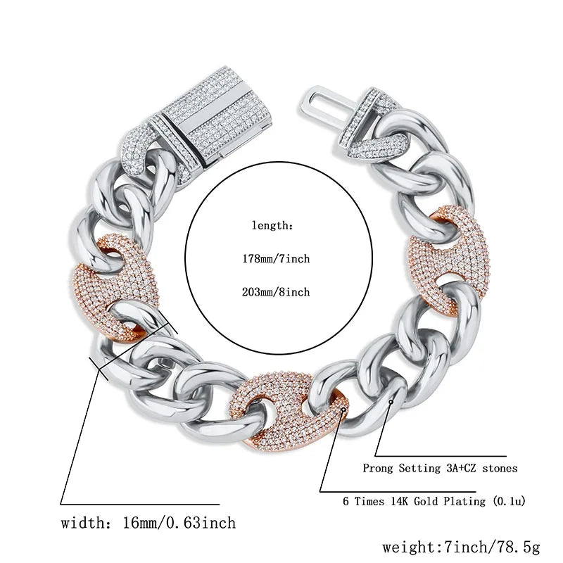 TOPGRILLZ 16mm Box Buckle Bracelet Miami Cuban Chain Iced Out Cubic Zirconia Hip Hop Fashion Jewelry