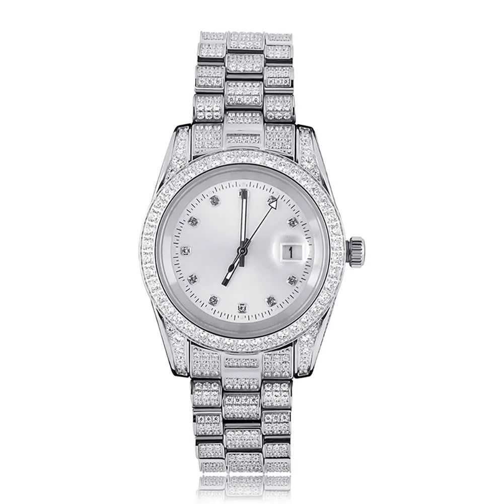 TOPGRILLZ Iced Presidential Mens Watch Luxury 18K White Gold stainless steel  Watch with zirconia