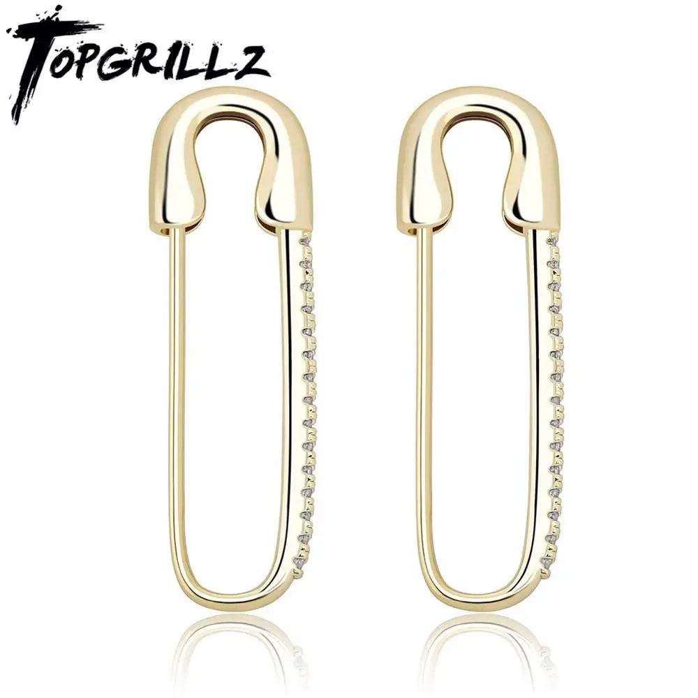 TOPGRILLZ Safety Pin Chain Earring Iced out Cubic Zirconia Pin Earring Hip Hop Fashion Charm Party Jewelry For Gift Men Women