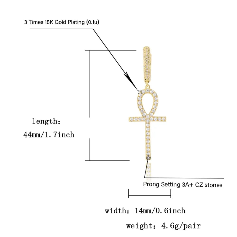 TOPGRILLZ Iced Zircon Ankh Cross Earring Gold Silver Color Micro Paved AAA Bling CZ Stone Earrings For Man Women Hip Hop Jewelry