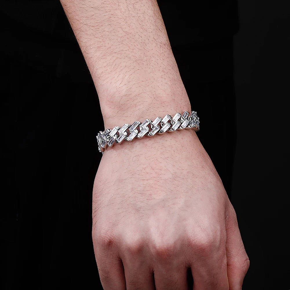 TOPGRILLZ 12MM Baguette Channel Set Cuban Bracelet in White Gold Hip Hop Charm Jewelry Gift For Mens