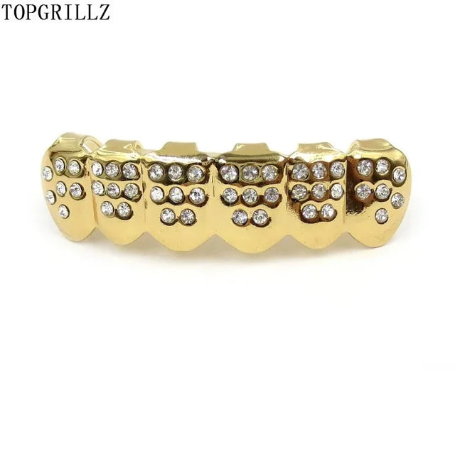 TOPGRILLZ Gold Color Plated Iced Out Letter CZ Stone Hip Hop Teeth For Mouth GRILLZ Caps Top & Bottom Grills Set Classic tooth