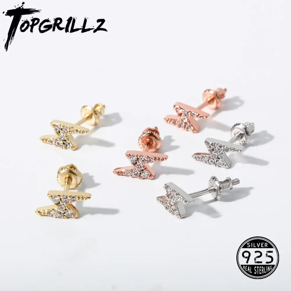 TOPGRILLZ 925 Silver Delicate Women lightning Ear Stud Tiny Cubic Zirconia Earring Hip Hop Women Sterling Silver Jewelry Gift