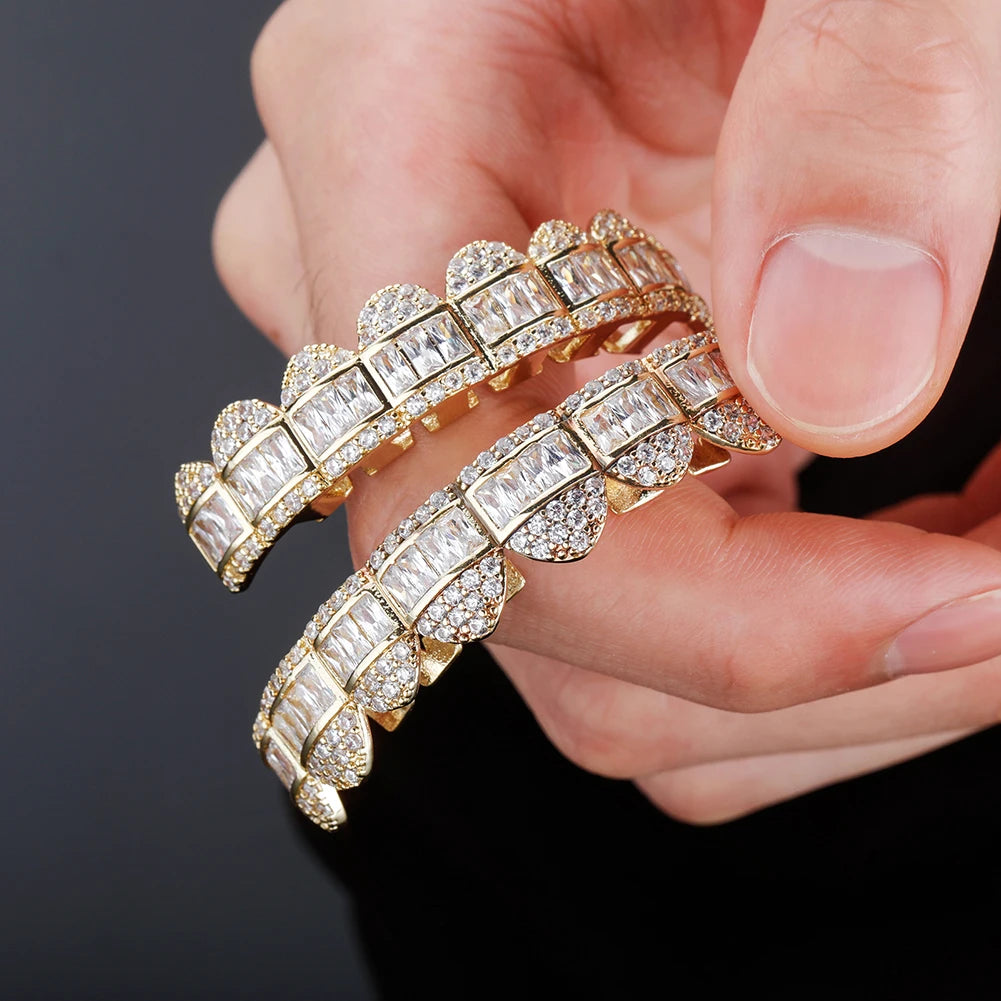 TOPGRILLZ New Baguette Set Teeth Grillz Top & Bottom 14K White Gold Hip Hop Fashion Rapper Jewelry Gift For Men Women