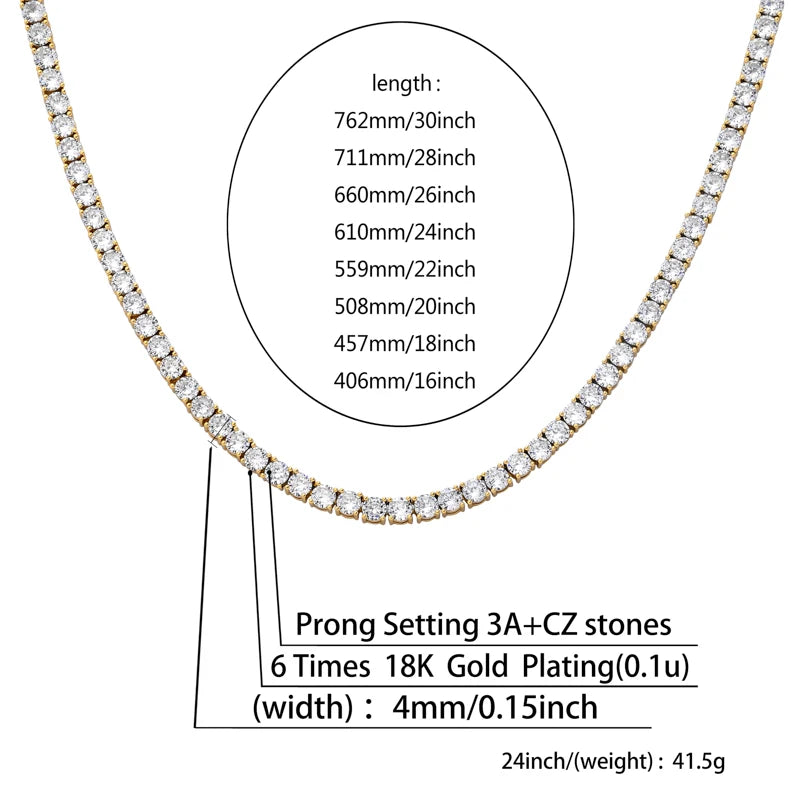 TOPGRILLZ 3MM-6MM Spring buckle Iced Out Full Cubic Zircon 1 Row Tennis Chain Necklace Gold Silver Color Hip Hop Jewelry