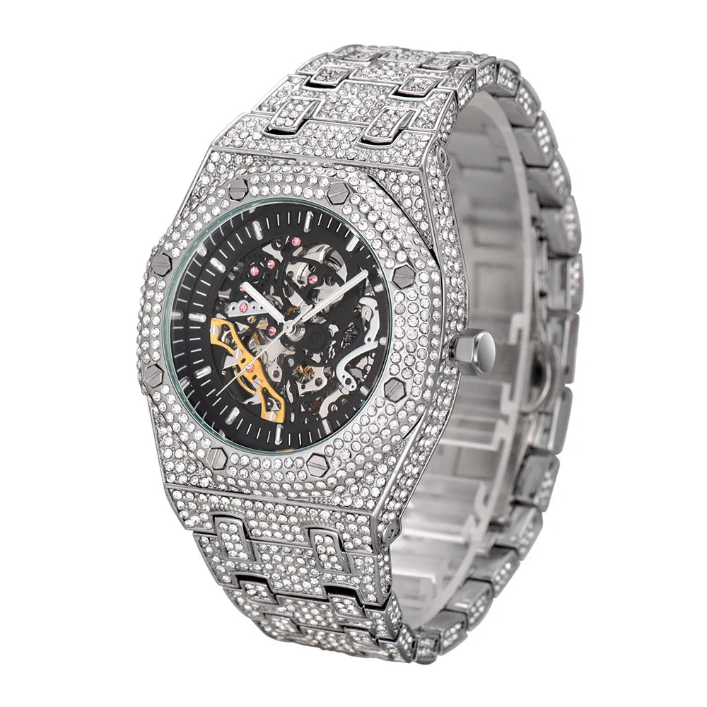TOPGRILLZ Mechanical Luxury Rhinestones Watches White Gold Shine Mens Watches Stainless Steel Watch Quality Business Watch