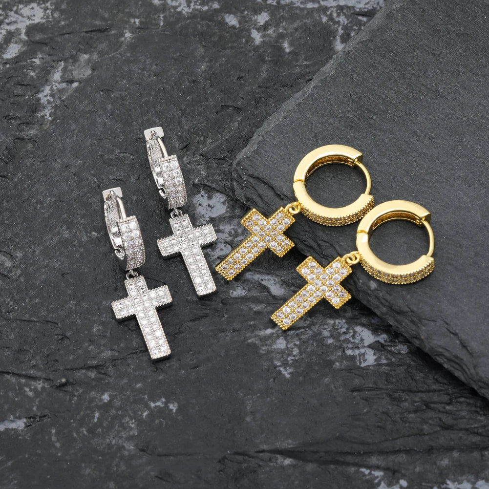 TOPGRILLZ Cubic Zirconia Bling Iced Cross Earring Gold Silver Color Copper Material Earrings for Men Women Hip Hop Rock Jewelry