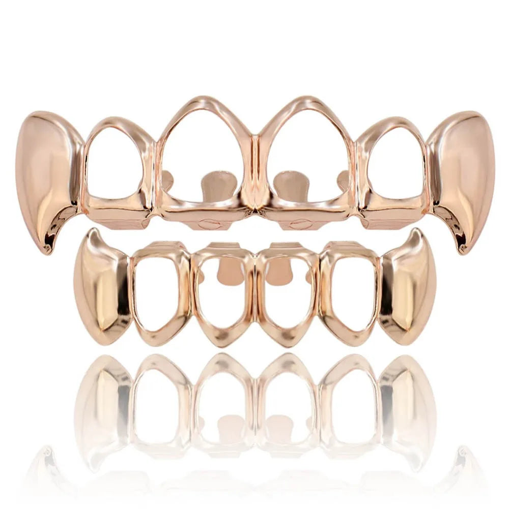 TOPGRILLZ  Gold Color Plated Hip Hop Teeth Grill Top & Bottom Grill Hip Hop Bling Hollow Vampire Teeth for Halloween