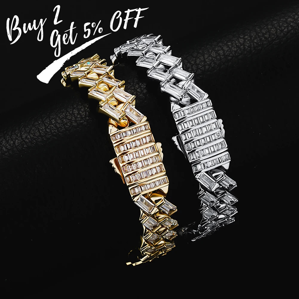 TOPGRILLZ 12MM Baguette Channel Set Cuban Bracelet in White Gold Hip Hop Charm Jewelry Gift For Mens