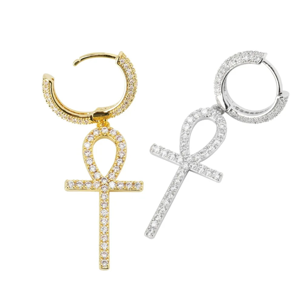 TOPGRILLZ Iced Zircon Ankh Cross Earring Gold Silver Color Micro Paved AAA Bling CZ Stone Earrings For Man Women Hip Hop Jewelry