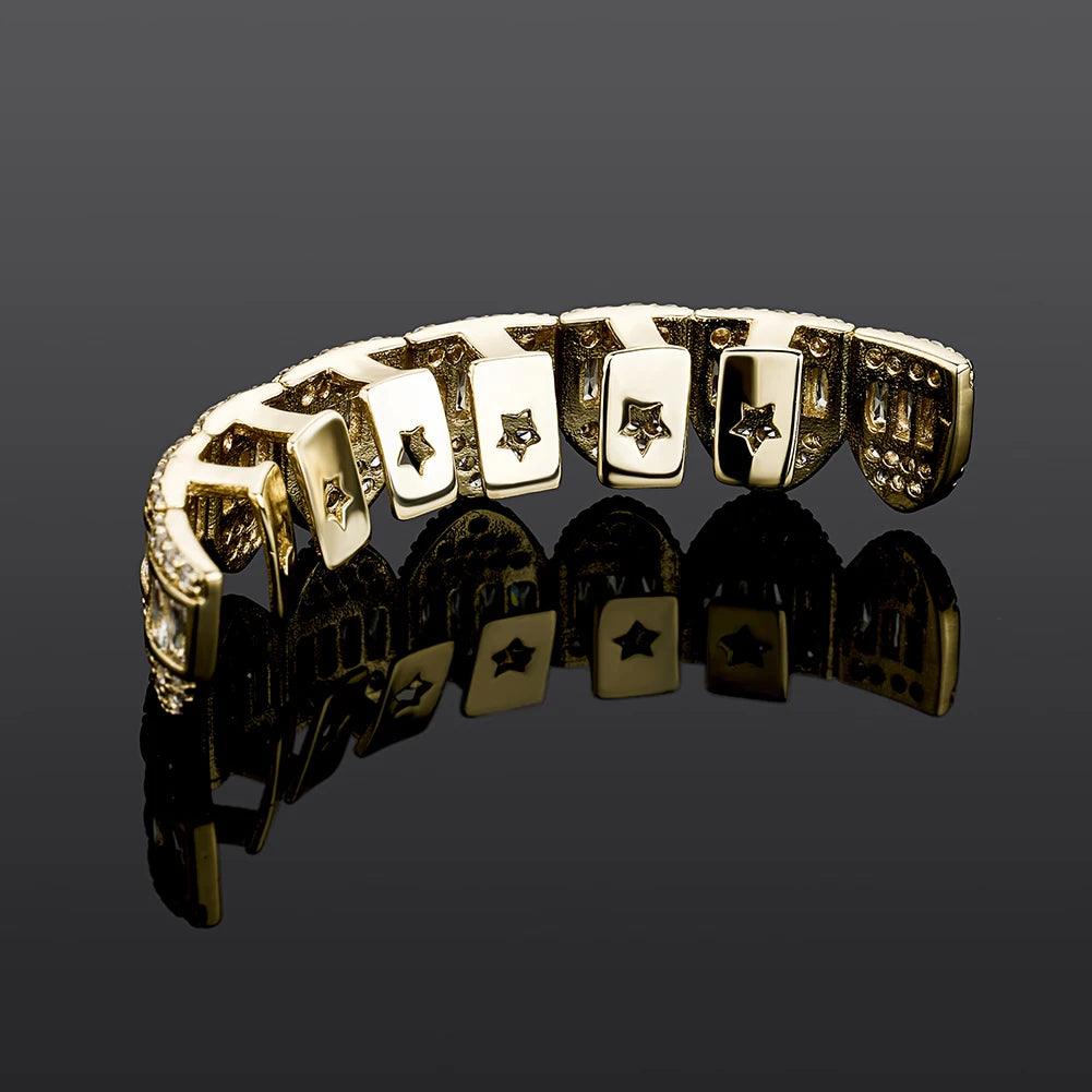 TOPGRILLZ New Baguette Set Teeth Grillz Top & Bottom 14K White Gold Hip Hop Fashion Rapper Jewelry Gift For Men Women