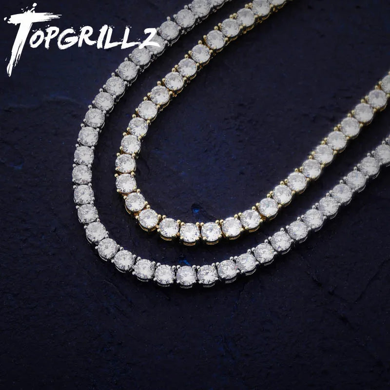 TOPGRILLZ 3MM-6MM Spring buckle Iced Out Full Cubic Zircon 1 Row Tennis Chain Necklace Gold Silver Color Hip Hop Jewelry