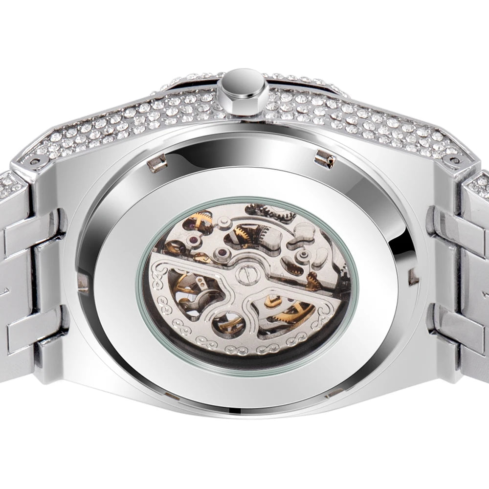 TOPGRILLZ Mechanical Luxury Rhinestones Watches White Gold Shine Mens Watches Stainless Steel Watch Quality Business Watch