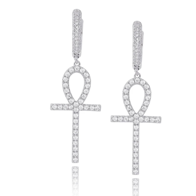 TOPGRILLZ Iced Zircon Ankh Cross Earring Gold Silver Color Micro Paved AAA Bling CZ Stone Earrings For Man Women Hip Hop Jewelry