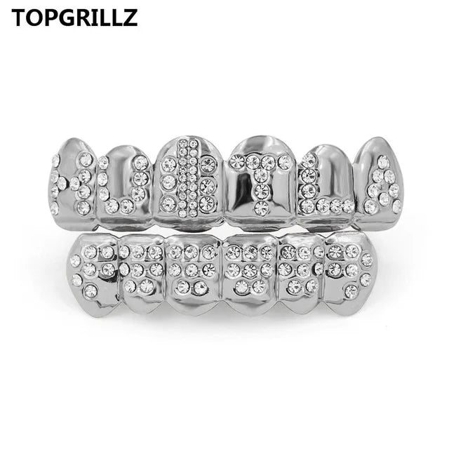 TOPGRILLZ Gold Color Plated Iced Out Letter CZ Stone Hip Hop Teeth For Mouth GRILLZ Caps Top & Bottom Grills Set Classic tooth