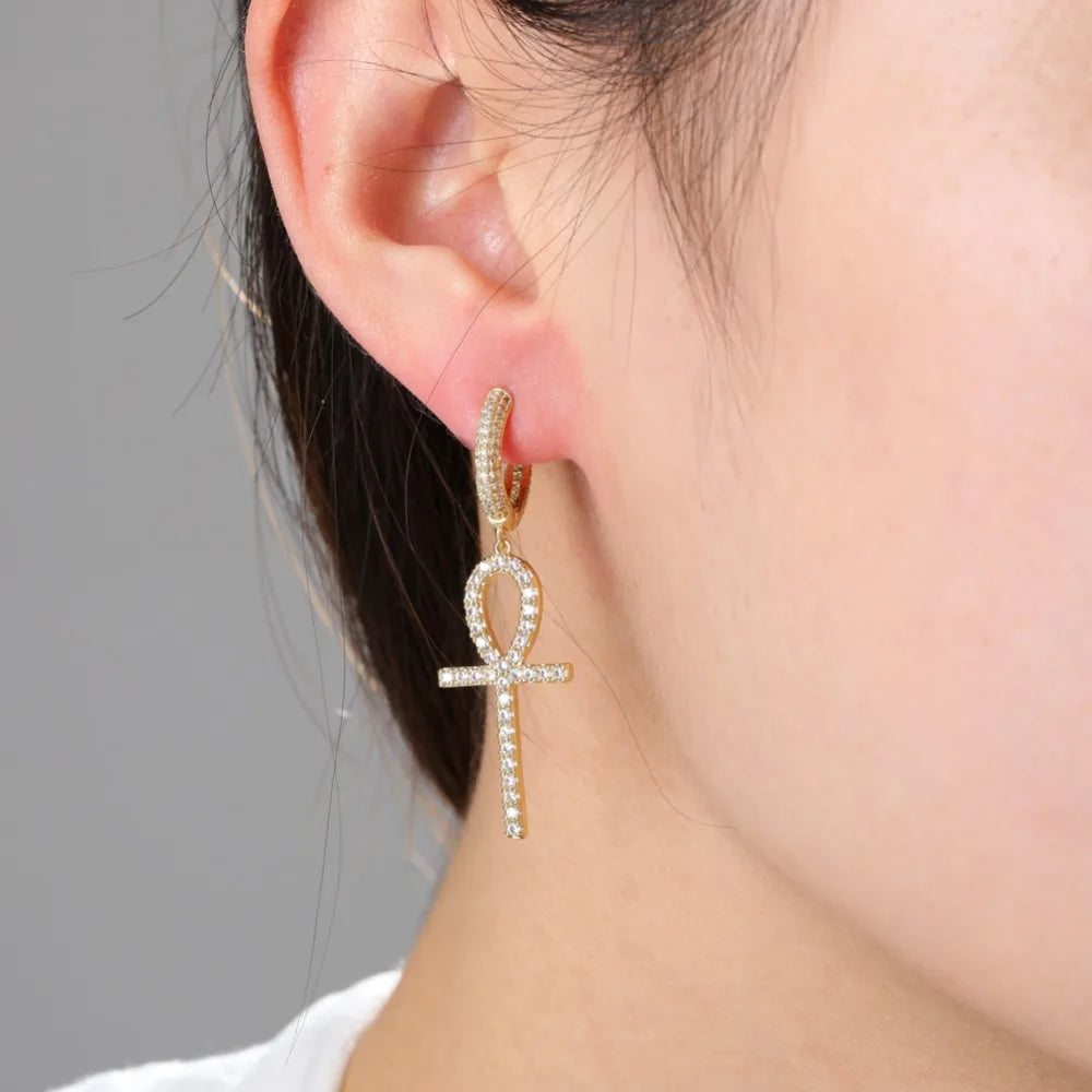 TOPGRILLZ Iced Zircon Ankh Cross Earring Gold Silver Color Micro Paved AAA Bling CZ Stone Earrings For Man Women Hip Hop Jewelry