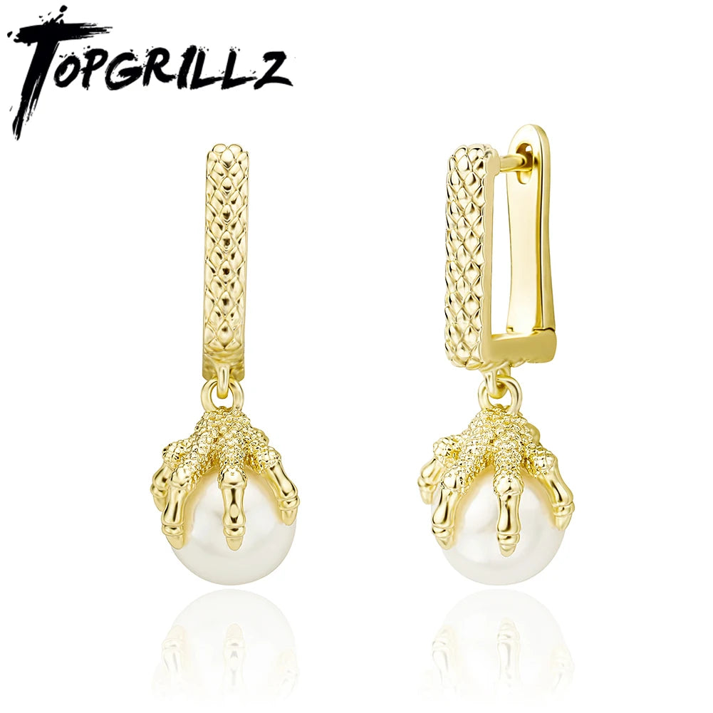 TOPGRILLZ 2021 NEW Women's Earring Chinese Style Dragon Claw Pearl Earrings High Quality Copper Gold Personality Jewelry