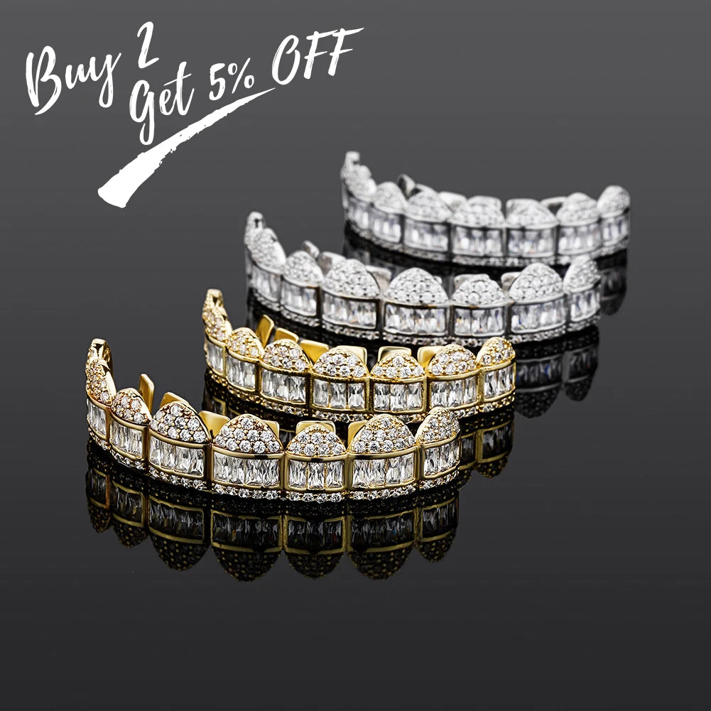 TOPGRILLZ New Baguette Set Teeth Grillz Top & Bottom 14K White Gold Hip Hop Fashion Rapper Jewelry Gift For Men Women