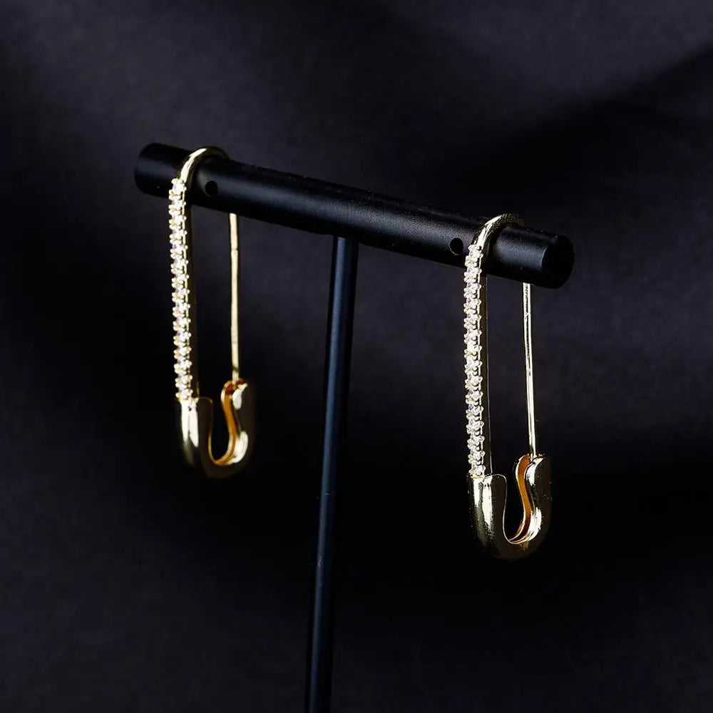 TOPGRILLZ Safety Pin Chain Earring Iced out Cubic Zirconia Pin Earring Hip Hop Fashion Charm Party Jewelry For Gift Men Women