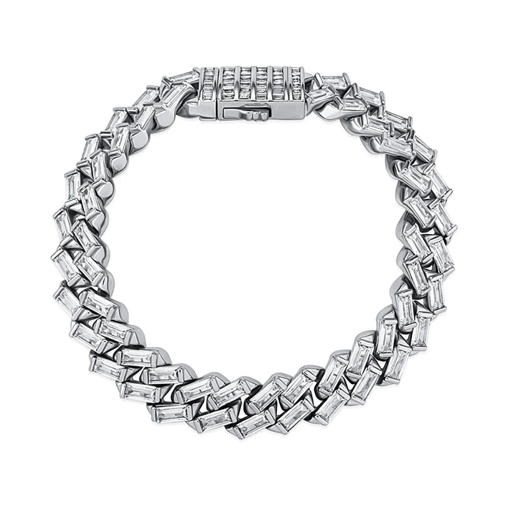 TOPGRILLZ 12MM Baguette Channel Set Cuban Bracelet in White Gold Hip Hop Charm Jewelry Gift For Mens