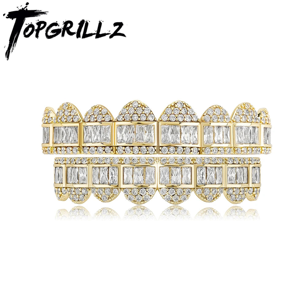 TOPGRILLZ New Baguette Set Teeth Grillz Top & Bottom 14K White Gold Hip Hop Fashion Rapper Jewelry Gift For Men Women