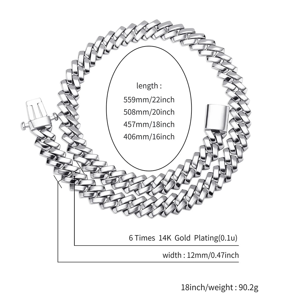 TOPGRILLZ New 10/12mm Glossy Cuban Chain Necklace High Quality Copper White Gold Plated With Spring Clasp Hip Hop Jewelry
