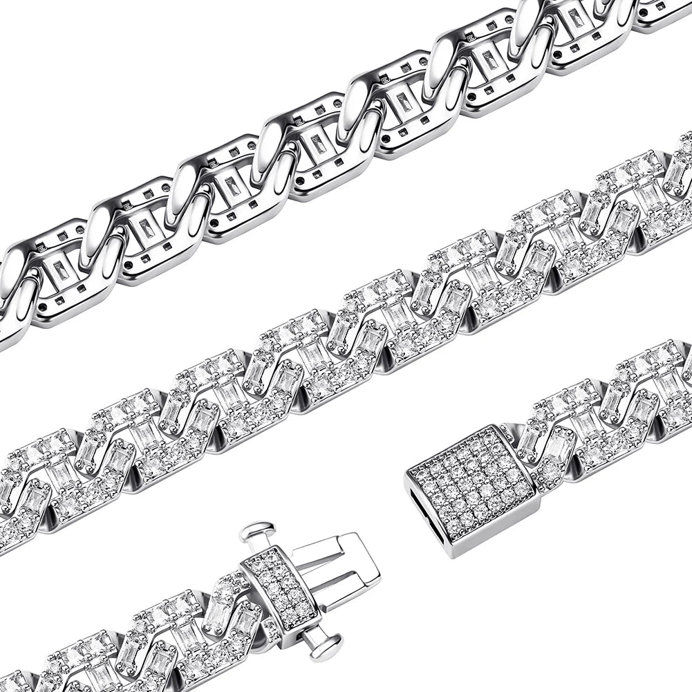 TOPGRILLZ High Quality 9mm Iced Out Baguette Prong Cuban Bracelet With New Spring Ring Clasps Hip Hop Jewelry For Men Women